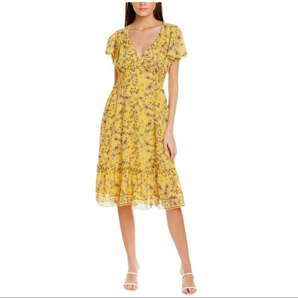 Max Studio Yellow Floral Midi Dress Smocked Waist With Ruffles Women Size Large